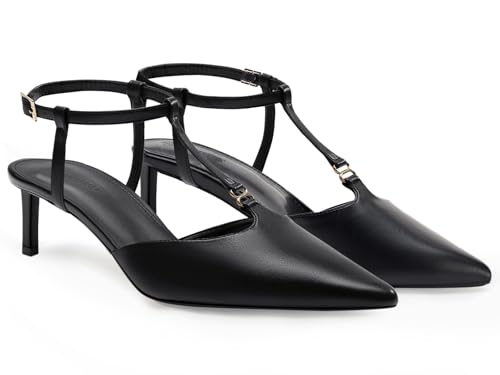 Coutgo Womens Kitten Heels T Strap Closed Pointed Toe Pumps Low Heel Ankle Strap Comfortable Dress Shoes