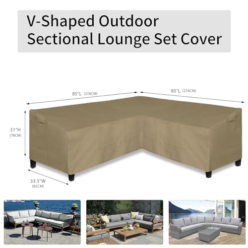 Image of Easy-Going 600D Patio V-Shaped Sectional Sofa Cover, Heavy Duty Outdoor Sectional Cover, Waterproof Furniture Cover with Air Vent 85 inch L (on Each Side) x 33.5 inch D x 31 inch H, Camel