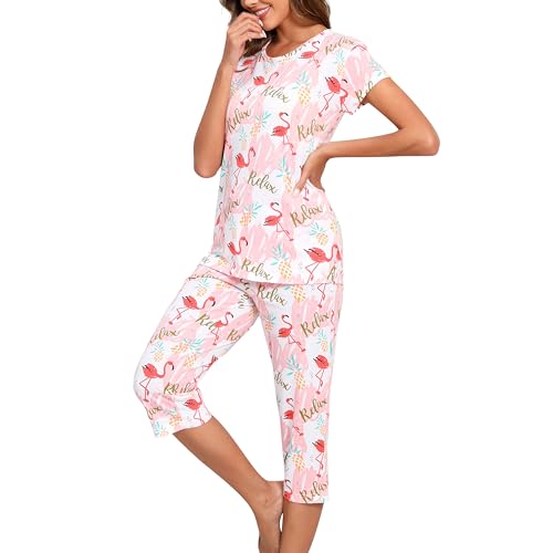 Image of PNAEONG Women Pajama Set Sleepwear Tops with Capri Pants Casual and Fun Prints Pajama Sets