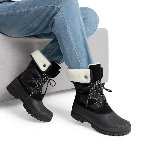DREAM PAIRS Womens Winter Snow Duck Boots,Waterproof Mid Calf Anti-slip Stability Lace Up Faux Fur Lining Warm Cozy Boots Outdoor Supportive Insole,Size 8,Black,DWUMSB2520