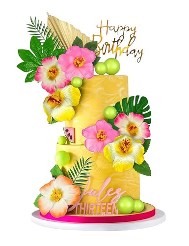 Pavnso 25 Pack Hawaiian Cake Decoration, Balloon Cake Pick Palm Leaves Hibiscus Cake Pick, Summer Theme Cake Pick for Wedding Birthday Party Supplies