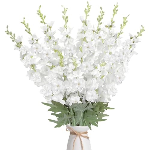 COEWUR 16Pcs White Delphinium Artificial Flowers 33.5 Long Stem Silk Larkspur Flowers Bulk Faux Silk White Flowers for Tall Vase Wedding Table Centerpieces Home Garden Outdoor DecorWhite