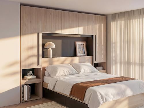 Vente-unique - Lit Pont 160 x 200 cm avec rangements - avec LEDs - Coloris : Naturel et Noir - VELONA