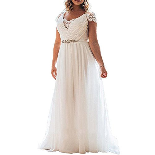 Deep Scallop Appliques Lace Short Sleeve Plus Size Beach Wedding Dress for Bride