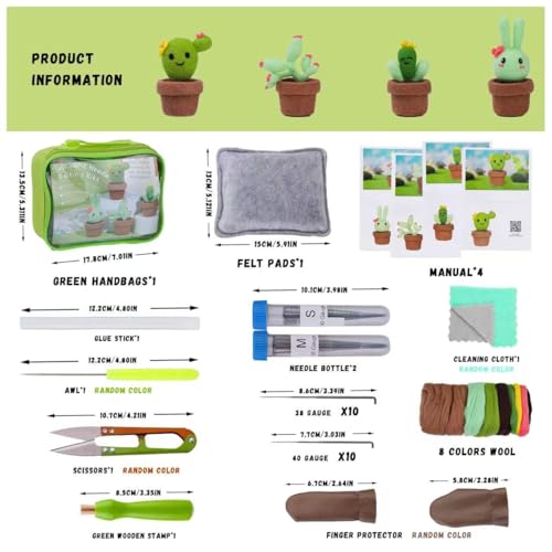 Image of Beginner's Wool Needle Felting Kit - 4 Piece Cactus Wool Set with Wool Roving, Felting Needles, Foam Mat, and Video Instructions,Ideal for DIY & Gifting
