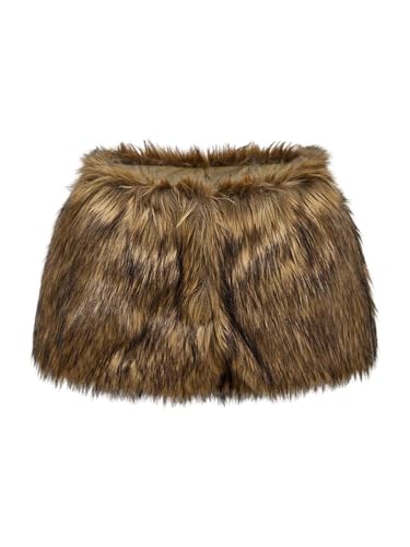 MakeMeChic Women's Fur Brown Mini Shorts Y2K Winter Fuzzy Low Waisted Grunge Skorts Club Outfits Brown Small