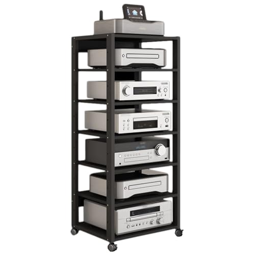 Black 6-tier audio component rack with adjustable rolling shelf. Ideal for use in commercial/domestic/office/audio-visual recording rooms. Open audio component stand with height 110cm.