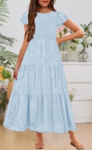 YOVION Flower Girls Dress Elegant Ruffle Sleeve Smocked A Line Tiered Flowy Wedding Guest Maxi Dresses for 6-12 Years2