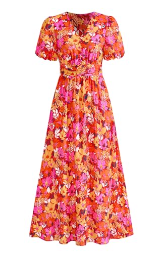 Image of PRETTYGARDEN Womes Boho Maxi Dresses 2026 Summer Spring V Neck Puff Sleeve Empire Waist A Line Flowy Long Beach Floral Dress