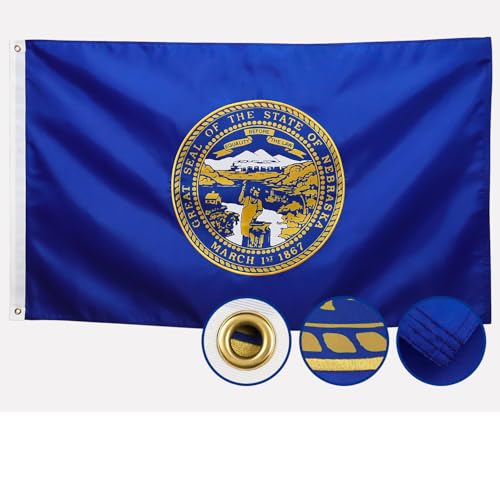 Double Sided Nebraska State Flag 3x5 Outdoor The Longest Lasting NE Flags Heavy Duty 210D Nylon Sewn Stripes Embroidered Stronger Brass Grommets 4 Stitched Hemming Perfect for Outside