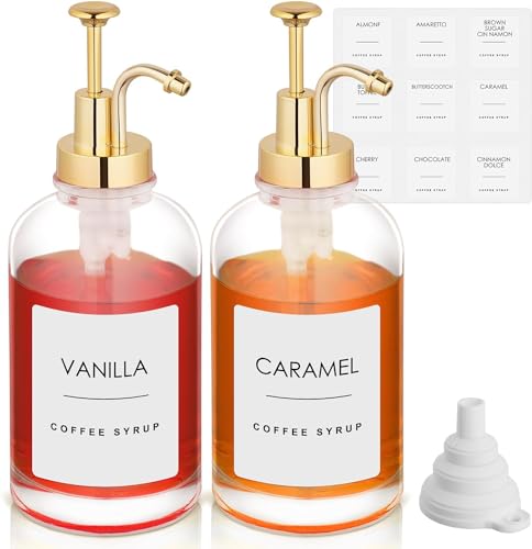 Jatnsefo 2 Pack 16.9 Oz Coffee Syrup Dispenser for Coffee Bar, 500ml Syrup Pump Dispenser, Glass Syrup Bottle w. Gold Upgraded Pump and 36 Labels, Coffee Bar Accessories Syrup Bottle