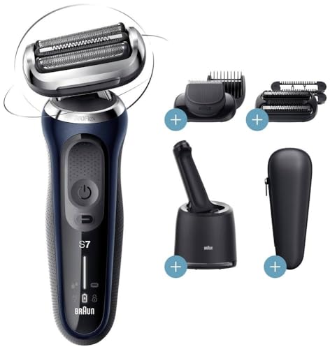 Afeitadora para hombres Braun Series 7, afeitadora y recortadora eléctrica, estación de limpieza, 360° Flex, húmedo y seco, recargable e inalámbrica, regalo del día del padre, 71-B7850cc, azul