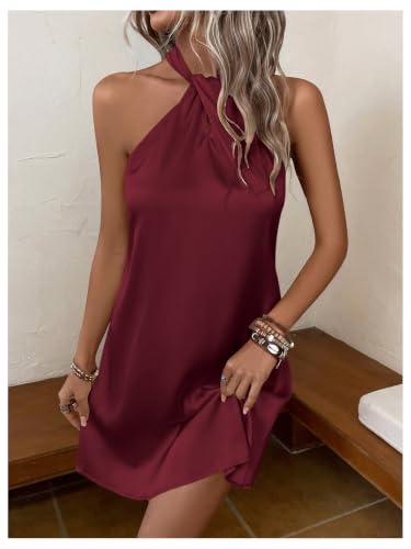 Image of Floerns Women's Pearl Beaded Halter Twist Sleeveless Tie Back Dress A Line Dress