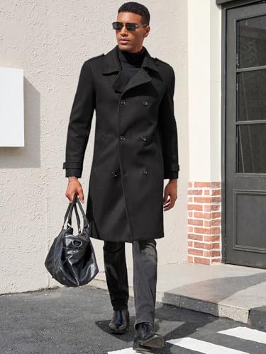 Ryannology Men's Notched Collar Trench Coat Double Breasted Long Winter Pea Coats Windbreaker Business Wool Blend Jacket4