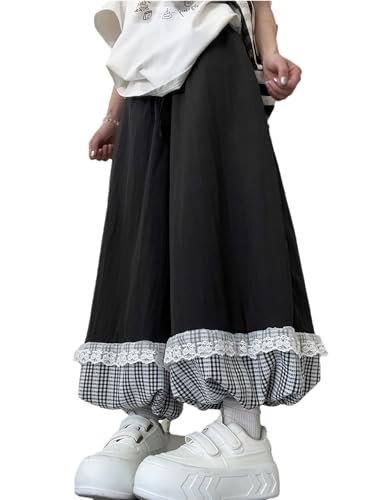 Womens Preppy Summer Tartan Bloomer Pants Lace Trim High Waist Flared Leggings Vintage Pantaloons Loungewear