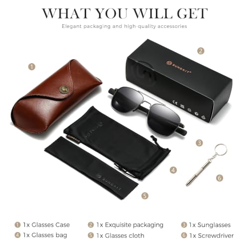 Image of SUNGAIT Real Glass Lens Sunglasses Military Style Pilot Aviator HD Shades with Upgraded Spring Hinge Bayonet Temples