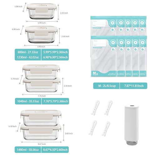 Image of Vacuum Seal Glass Food Storage Containers, 6pcs Containerswith 10pcs Sous Vide Bags / 1pc Automatic Pump, Meal Prep Container with Airtight Locking Lids for Lunch,Long-Lasting Freshness