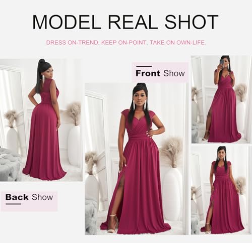 Dokotoo Womens Ladies Elegant Floor Length A Line Wrap Deep V Neck Backless Ruched Pleated Ruffled Split Long Maxi Formal Evening Party Prom Dress Bridesmaid Wedding Guest Dresses For Women Red M thumb #3