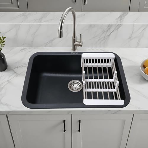Image of Ruhe Matte Black Quartz Single Bowl Kitchen Sink with Round Corners - 24x18x9 inches | Noise-Reducing & Durable Kitchen Sink | Granite Sink with Coupling, Waste Pipe & Vegetable Washing Basket