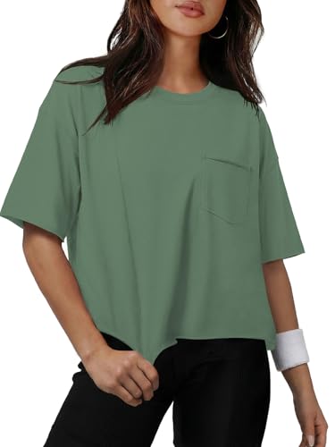 Image of ATHMILE Womens Crop Tops Workout Shirts Gym Oversized Spring Summer Basic Tees Short Sleeve Casual Loose Drop Shoulder 2026
