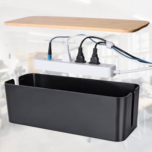 Image of 2 Pack Large Cable Management Box - Wooden Style Cord Organizer Box and Cover for TV Wires, Computer, Router, USB Hub and Under Desk Power Strip - Safe ABS Material and Baby-Pets Proof Lock (Black)