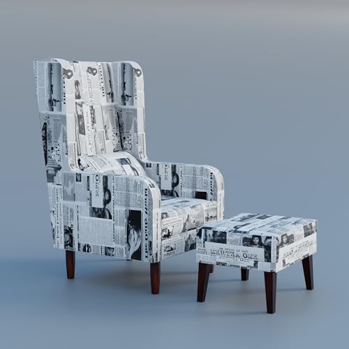 Image of Custom Decor Wooden Wing Chair with Ottoman Stool | Wingback for Living Room | High Density Foam | Accent Chair for Seating, Home Decor Furniture | (Vintage Newsprint 2, with Ottoman)
