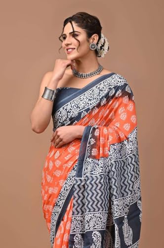 Image of Hand Block Printed Cotton Mulmul Saree | Soft Lightweight Summer Saree | Pure Cotton Traditional Indian Saree for Women