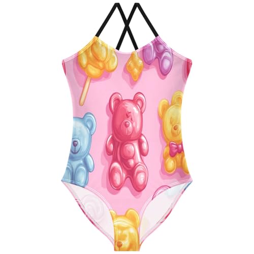 Pigsaly Girls One Piece Swimsuits Colorful Lollipops Gummy Jelly Candy Bears Kids Cross Back Swimwear Sport Bathing Suit 3T