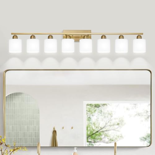 Image of 8 Light Bathroom Light Fixtures Gold for Big Mirror, Brushed Gold Vanity Lights for Bathroom with Milky White Frosted Glass Shades, 51 inch Wall Sconce for Mirrors Living Room Bedroom