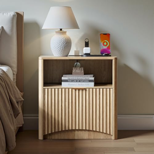 Image of Evermagin Fluted Nightstand Set of 2 with Charging Station, Natural Oak Bedside Table with Drawer and Storage, Wood End Table Mid Century Modern, Large Night Stand for Bedroom