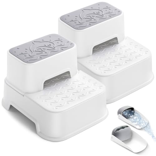 MangoHood 2 Step Stools for Kids – Double up Toddlers Stool Multifunctional Toilet Stepping Stool for Kids Anti-Slip Step Stool for Bathroom Sink, Potty Training, Kitchen (White-2Packs)