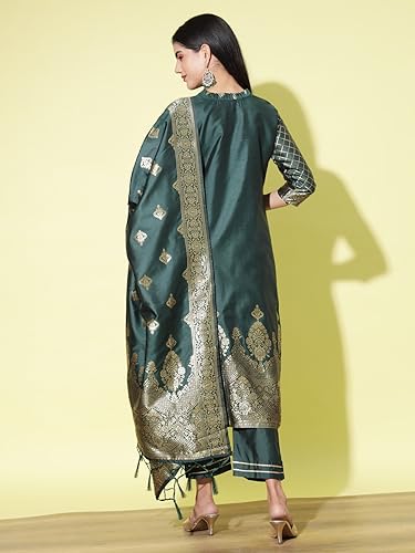 Image of VredeVogel Women's Cotton Silk Jacquard, Banarasi Silk Kurta Pant With Dupatta Set