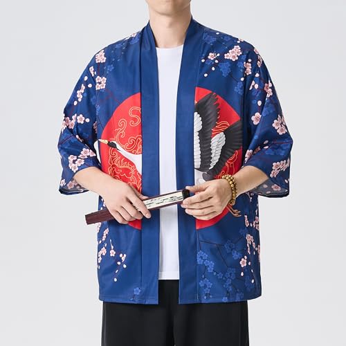 Image of PRIJOUHE Men's Japanese Kimono Cardigan Jackets Casual Long Sleeve Open Front Coat Lightweight Yukata Outwear