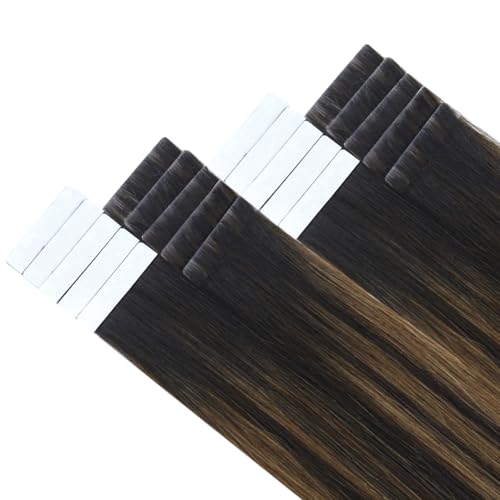 Image of LaaVoo Invisible Tape Human Hair Extensions Tape in Real Human Hair Seamless Extensions Injected Hair Extensions Tape in Balayage Dark Brown Mixed Ash Brown 18 Inch 50g 20Pcs