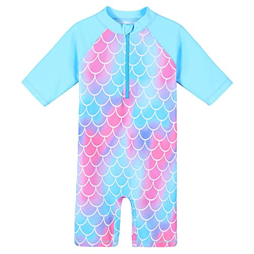 ZNYUNE Mädchen Einteiler Kurzärmelig Badeanzug Stoffdruck Kinder Schwimmanzug S376 ScaleBlue 8A Cover