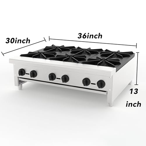 Image of Commercial Gas Stove with 6 Burners, Freestanding Propane and Countertop Natural Gas Range Stove, Stainless Steel Hot Plate, Commercial Cooking Equipment for Restaurant Kitchen, 168,000 BTU
