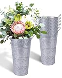 12 Inch Galvanized Metal Vases for Flowers - 6 Pcs Farmhouse Decorative Tall Flower Bucket with Handles, Rustic French Tin Planter Buckets for Wedding Decor (Silver)
