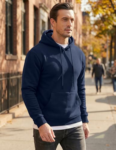 Image of JMIERR Mens Fleece Lined Hoodie Pullover Drawstring Pocket Winter Warm | Cozy fleece-lined pullover, adjustable drawstring hood, kangaroo pocket, regular fit, machine wash