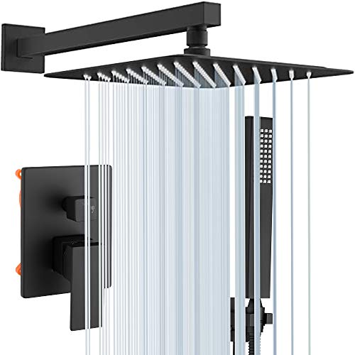 DYFO Shower System 10 inches Black Shower Set for Bathroom - Wall Mounted Shower Fixtures Complete with Handheld Sprayer, Rainfall Shower System Rough-in Valve Body and Trim Included