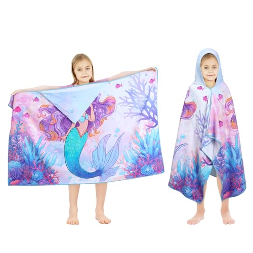 decalsweet Toalla Infantil con Capucha 100% Algodón, Toalla de Playa de Microfibra, Grande Suave Absorbente Toalla de Baño Poncho Toalla Piscina Infantil Niño y Niña 127 x 76 cm(Sirena)