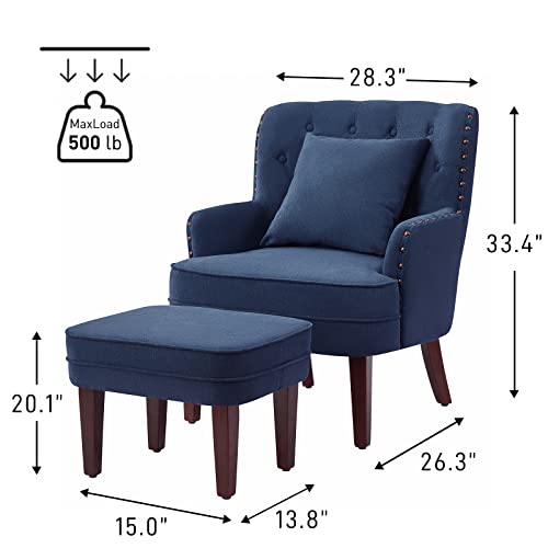 Huimo Accent Chair With Ottoman And Pillow,Club Chair For Living Room With Bronzer Nail Head Trim Wooden Legs,Chair And Ottoman Set For Bedroom,Upholstered Button Tufted Armchair,Dark Blue #TOP1