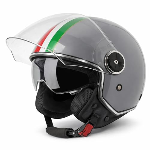 VINZ Neiva Jethelm mit Doppelvisier | Roller Helm mit Italienische Flagge & mit Sonnenblende | In Gr. XS-XXL | ECE 22.06 Zertifiziert | Motorradhelm mit Visier | Viele Farben Erhältlich - Grau