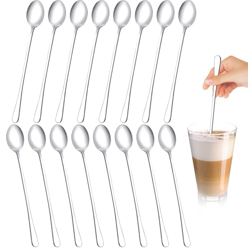 16PCS Latte Macchiato Löffel Set, 19.5cm Silber Langem Griff Eislöffel, Edelstahl Spiegelpoliert Eiskaffee Löffel, Kaffeelöffel Lang Für Desserts...