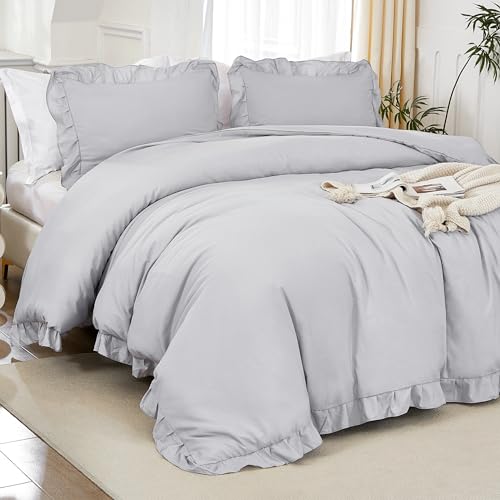 Image of Litanika Light Grey Full Size Comforter Sets, 3 Pieces Ruffle Farmhouse Aesthetic Bedding Comforter Sets, All Season Soft Lightweight Fluffy Microfiber Bed Set(79x90In Comforter, 2 Pillowcases)