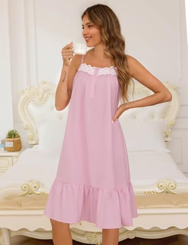 Image of SWOMOG 100% Cotton Nightgowns for Women Lace Sleeveless Sleep Dress Victorian Sleepshirt Button Strap Night Gown