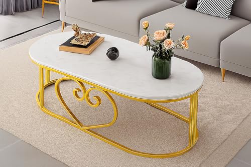 Image of Oval Accent Metal Centre Table with Marble Look Coffee Tables with Engineered Wood Top and Metal Frame, Contemporary Table for Office, Bedroom, or Living Room Golden White