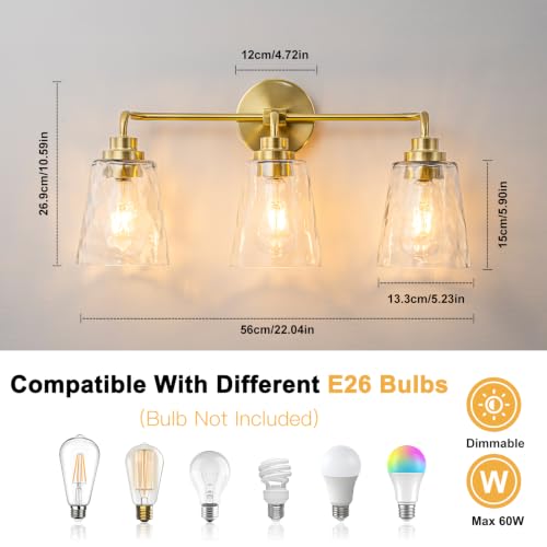Image of WILON 3 Light Bathroom Light Fixtures Hammered Glass Vanity Light