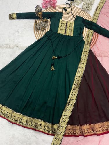 Image of Elegant Vichitra Silk Gown with Jacquard Zari Border - Includes Soft Net Dupatta with Lace Trim - Parrty Wear Ethnic Dress for Women & Girls