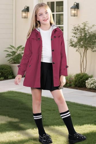 Image of Betusline Girl's Single Breasted Trench Coat Hooded Dress Coat Outerwear, 2-14 Years