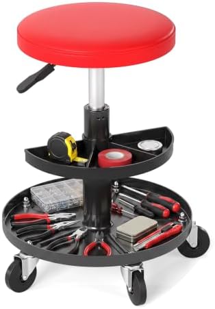 Goplus Swivel Rolling Mechanic Stool w/2-Tie Tool Trays,16.5"-22" Adjustable (Red)